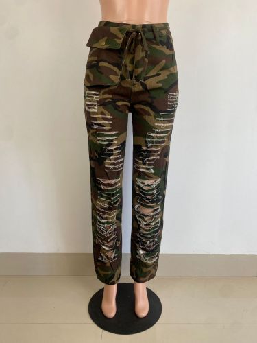 Fashion printed hole casual overalls