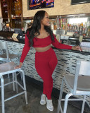 Pit strip low neck solid color long sleeve sexy two-piece set