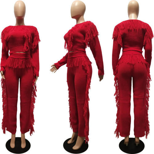 Women's casual solid color knitting long sleeve tassel suit women's sweater