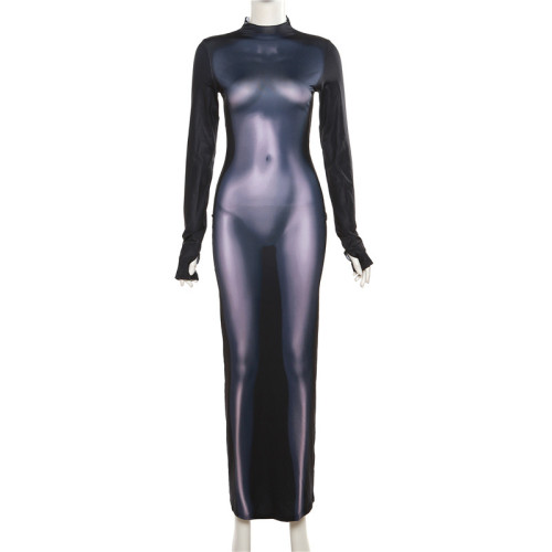 Fashion 3D Body Print Round Neck Long Sleeve Slim Wrap Hip Dress