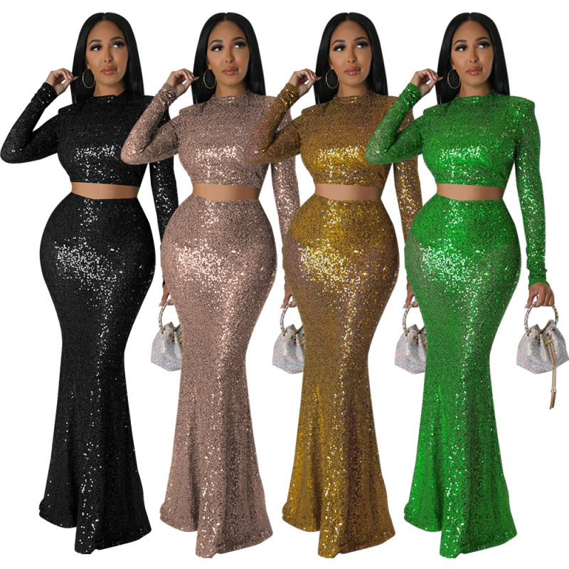 Open waist fishtail skirt suit sequins two-piece set