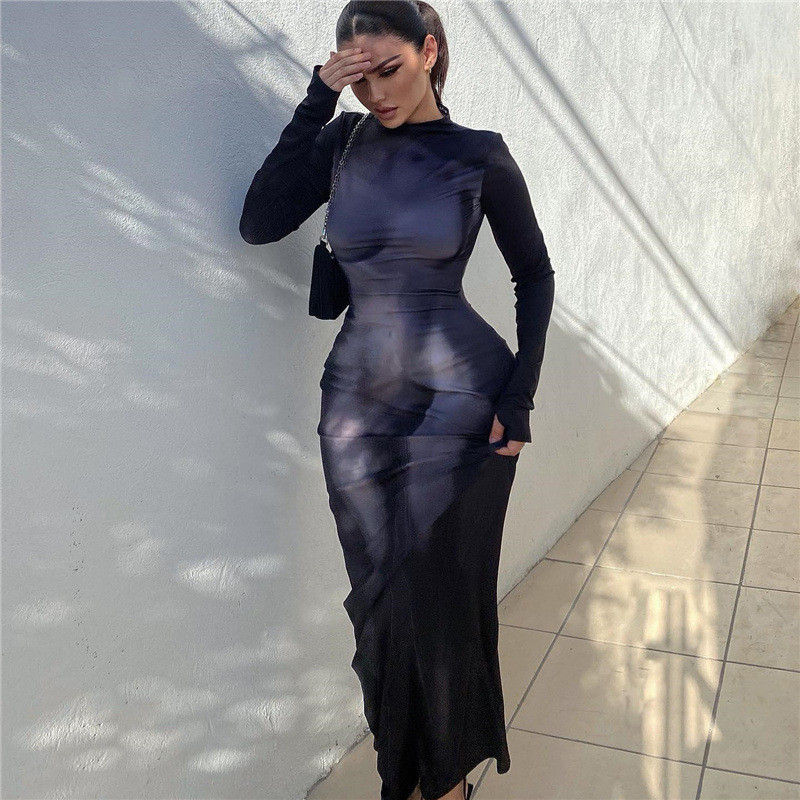 Fashion 3D Body Print Round Neck Long Sleeve Slim Wrap Hip Dress
