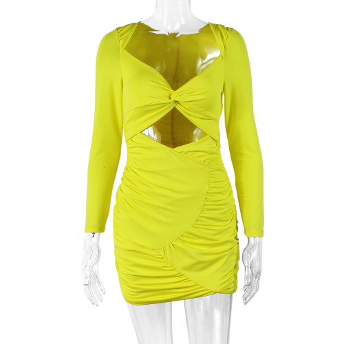 Women's sexy hip wrap dress Long sleeve hollow out women's dress