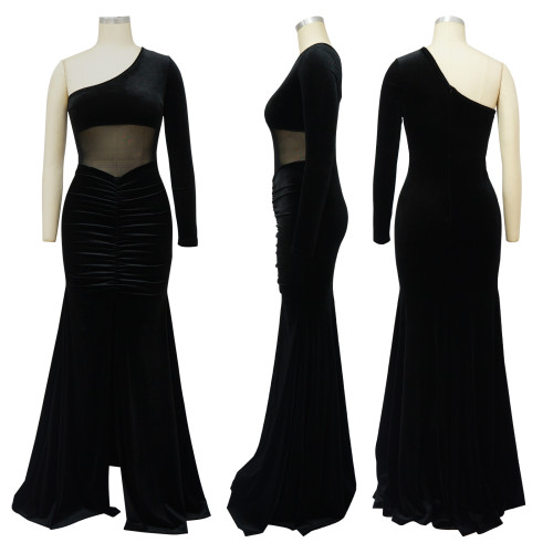Women's slant neck pleated split solid fishtail dress