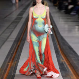 Fashion suspender backless 3D body print long dress