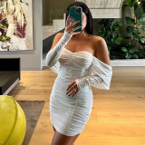 Slippery Shoulder Sleeves Breast Bandeau Pleated Sexy Short Hip Wrap Dress