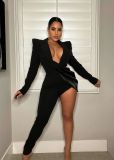 Long sleeve shoulder pad suit collar jumpsuit one leg pants