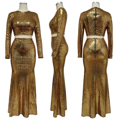Open waist fishtail skirt suit sequins two-piece set