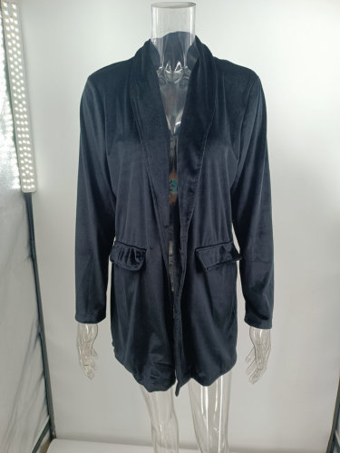 Loose gold velvet elastic pocket long sleeve coat