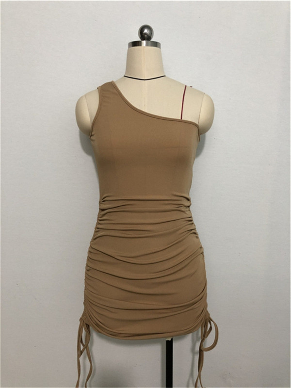 One shoulder double drawstring skirt sleeveless diagonal shoulder knitted suspender dress