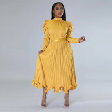 Women's Bubble Sleeve Top Ruffles Pleated Skirt Two Piece Set