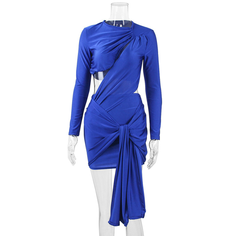 Sexy Hollow out Irregular Dress Long Sleeve Pleated Dress Tie