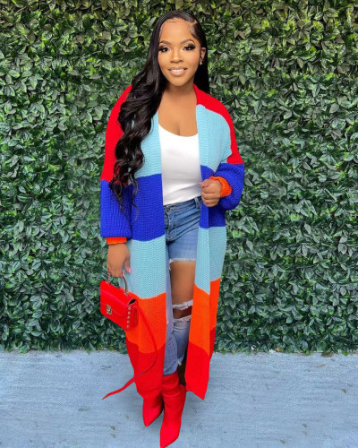 Women's casual color contrast cardigan hand knitted coat