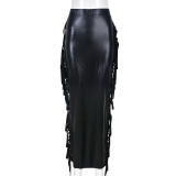Fashion personality slit tassel high elastic leather skirt