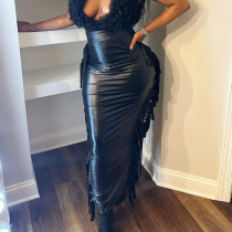 Fashion personality slit tassel high elastic leather skirt
