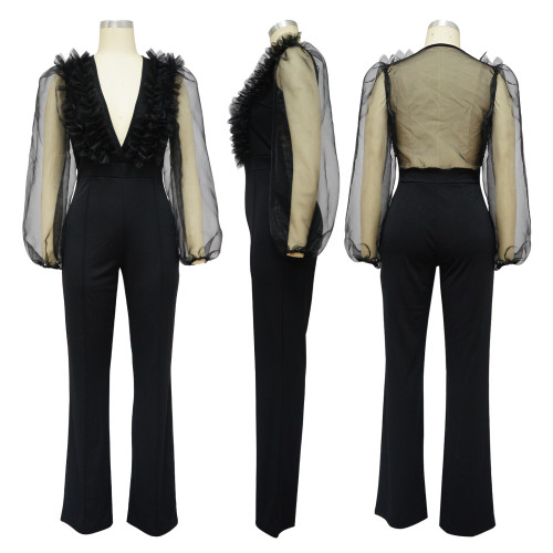 Mesh lantern sleeve V-neck open back jumpsuit