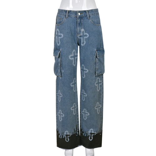 Sexy Multi Pocket Cross Glue Personalized Washing Jeans