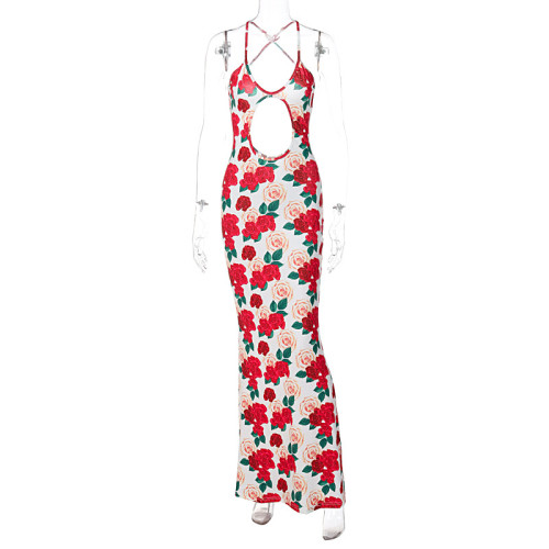 Floral printed wrap chest backless hollow sexy hot party dress