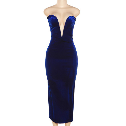 Fashionable dinner dress sexy strapless deep V slim wrap hip dress