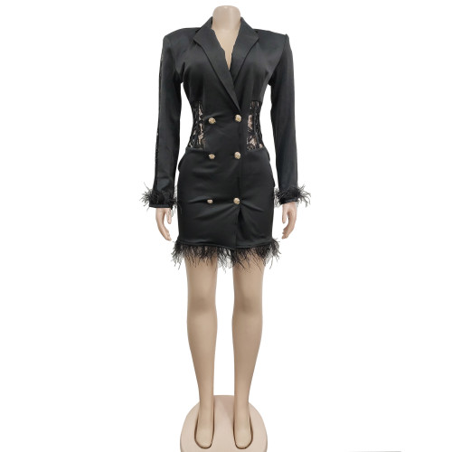 Fashion Women's V-neck Long Sleeve Double breasted Tassel Hollow out Dress