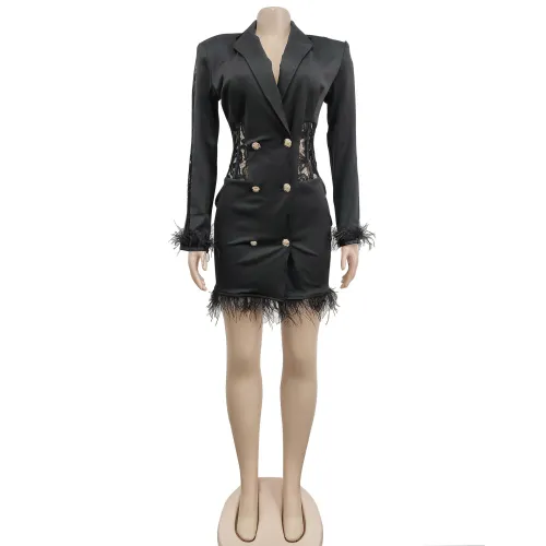 Fashion Women's V-neck Long Sleeve Double breasted Tassel Hollow out Dress