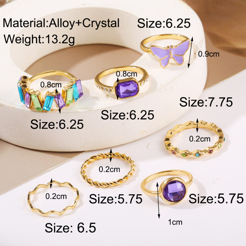 Personalized, fashionable, light and luxurious, purple diamond ring, adjustable ring, 7-piece set