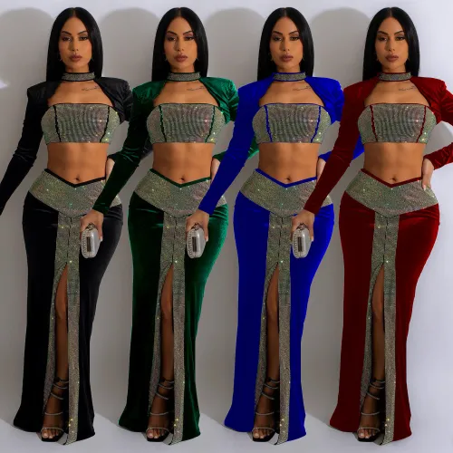 Fashion women's solid color hot drilling long sleeved skirt short shirt two-piece set