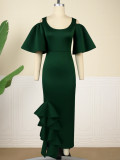 U-neck flare sleeve dress with low cut and high waist banquet dress