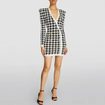 Fashionable new V-neck metal button thousand bird grid jacquard long sleeve dress