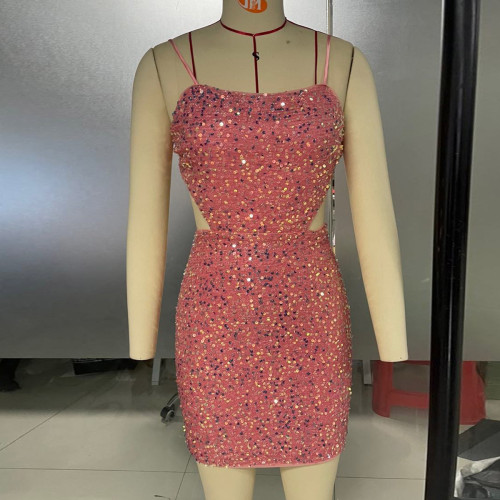 Sexy backless dress Solid suspender Spice girl sequins hip wrap skirt