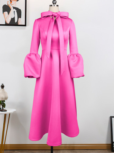 Lace up Dress Multicolor Optional Commuter Style Bubble Sleeve A-line Dress