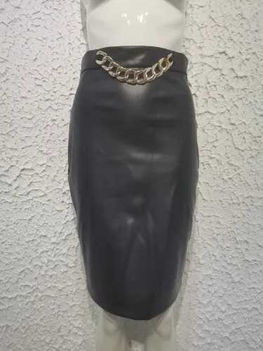 Temperament sexy high waist chain decoration hip leather skirt women's dress