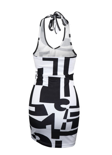 Color contrast sexy neck wrap dress with straps sexy backless sleeveless short skirt