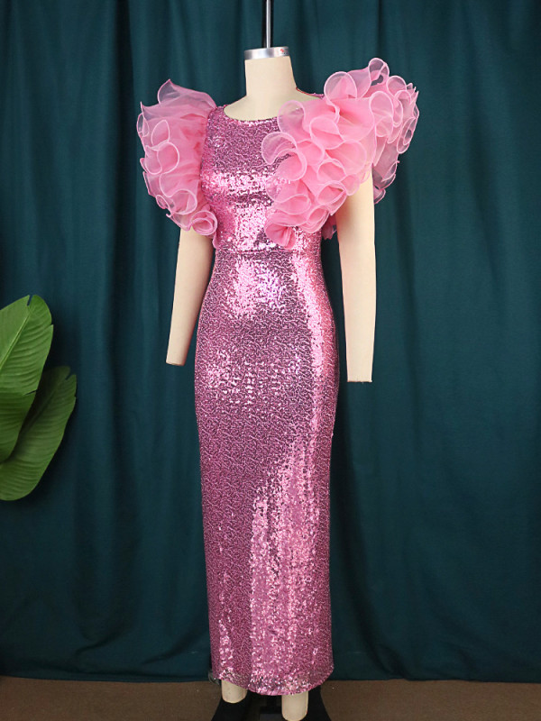 New Fantasy Sequins Round Neck Dress Birthday Party Sexy Celebrity Sleeveless One Step Dress