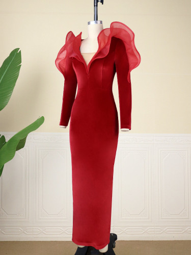 Designer V Neck Low cut Sexy Dress Mesh Panel High Waist Slim Long Dress