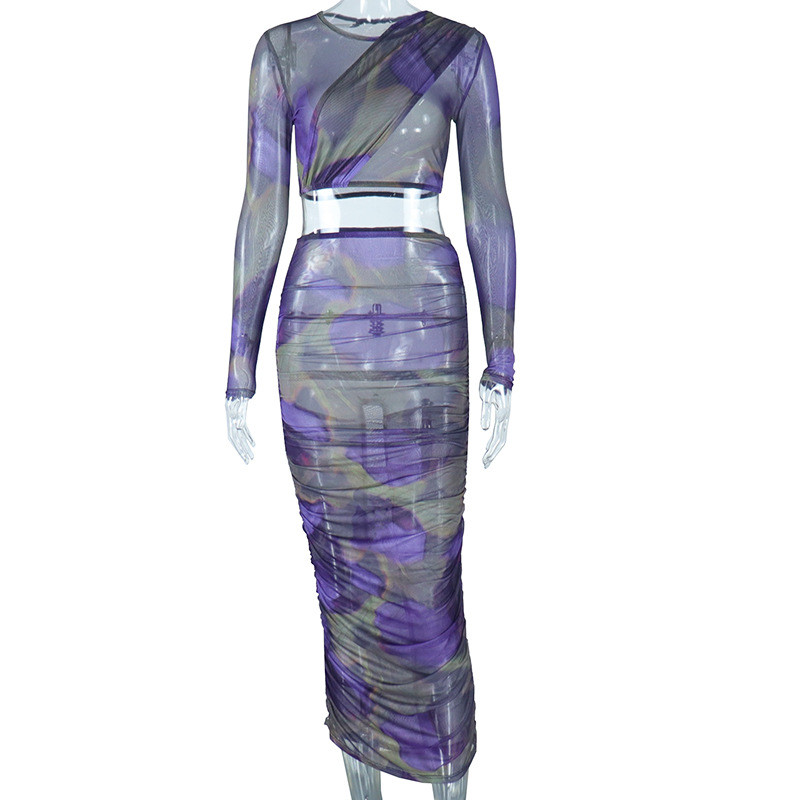 Fashion Irregular Print Skinny Casual Long Sleeve Open navel Top Hip Wrap Skirt Set