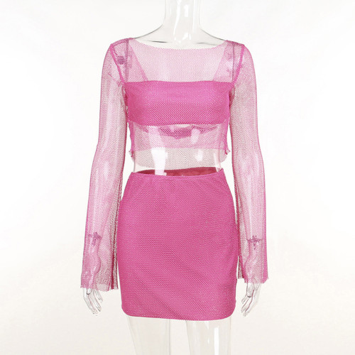 Long sleeve mesh sequins suspender top hip wrap short skirt suit European and American sexy hot girls fashion women's dress