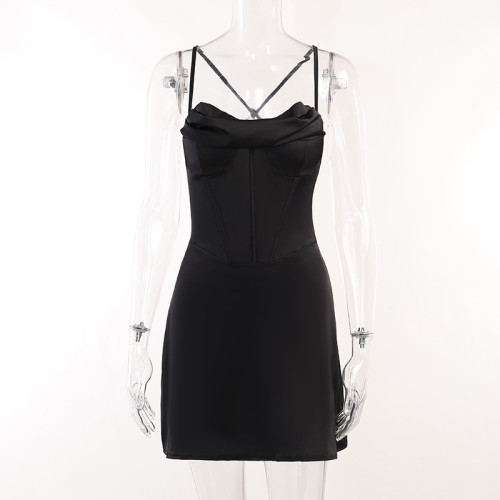 Heap Neck Waist A-line Dress Double Breast Cup Slim Wrap Hip Fishbone Strap Dress