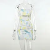 Vintage printed bodice cut out waist dress fashionable sexy slim wrap skirt