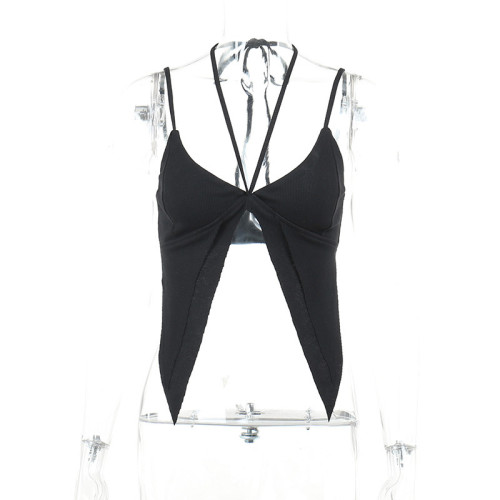 Sexy hollow tie neck exposed navel vest ins small design sense slim hot girl versatile top