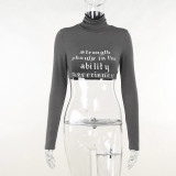 Alphabet Print High Neck Sexy Open Umbilical Long Sleeve Top ins European and American Spice Girl Fashion Short T-shirt