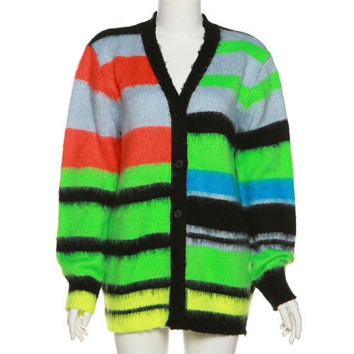 Women's fashion color contrast stripe long sleeve street cardigan fluff loose casual top