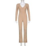 Casual Sporty Rib Solid V-Neck Sporty Casual Long Sleeve Jumpsuit Slim Rags