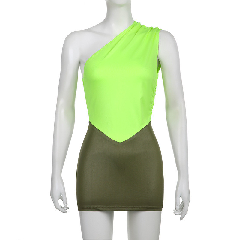 Featured PU leather panel color contrast one shoulder slim wrap hip dress
