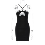 Fashionable sexy mesh splicing one neck open back suspender hip wrap dress