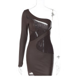 Fashion Diagonal Shoulder Mesh Stitch Sexy Perspective Bodysuit Dress