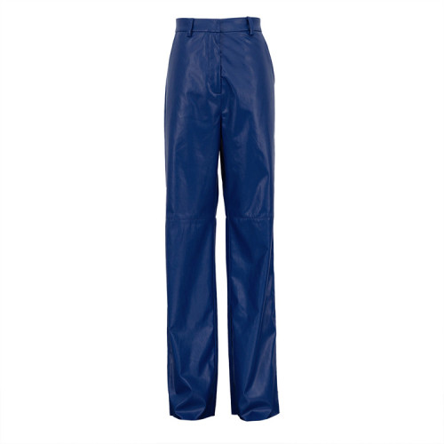 Fashion slim and slim PU casual straight trousers Women's long leather trousers are brushed