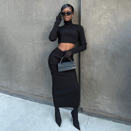 Sexy open navel long sleeve celebrity suit hip wrap skirt two-piece set
