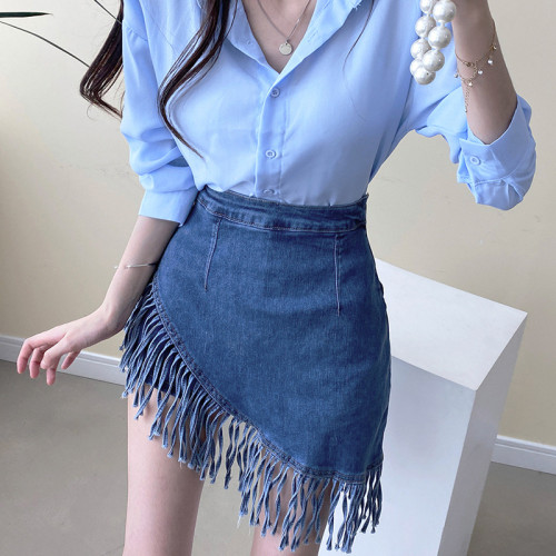 Fashion Personality Irregular Fringe Edge Solid Color Hip Wrap Denim Skirt