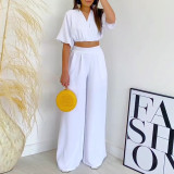 Solid V-neck short sleeve shirt high waist wide leg pants fashion casual suit